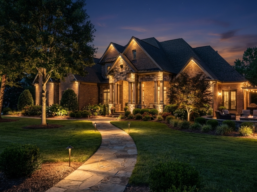 Professional LED landscape lighting installed around a luxury home in Waxhaw North Carolina