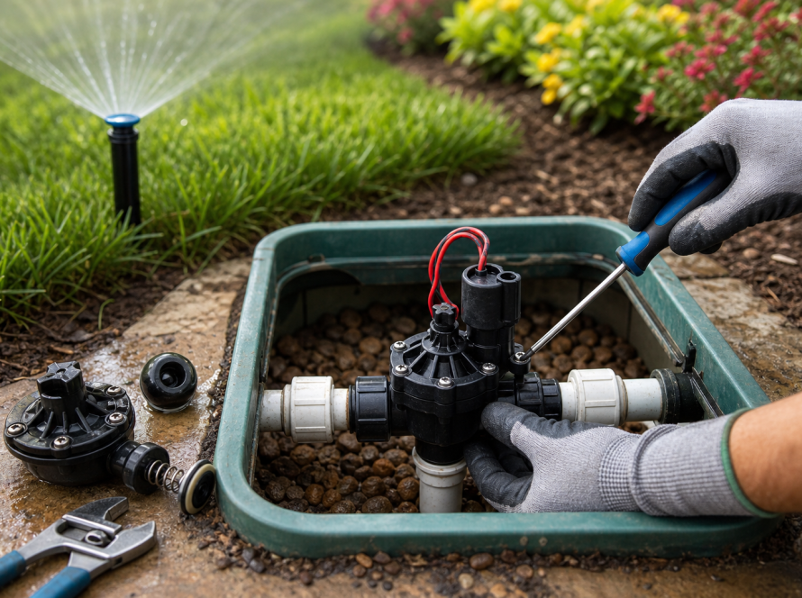 Alt: Irrigation technician diagnosing a sprinkler system problem in Waxhaw, North Carolina.