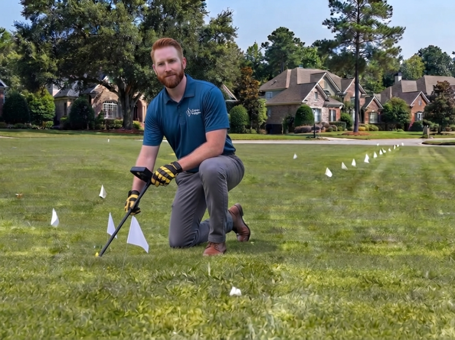 Technician using irrigation wire tracing equipment to locate a buried sprinkler valve in Waxhaw NC