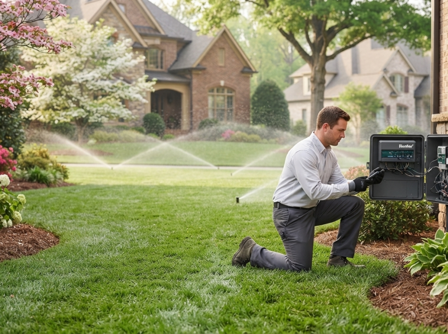Technician performing a spring sprinkler system startup and inspection in Waxhaw NC