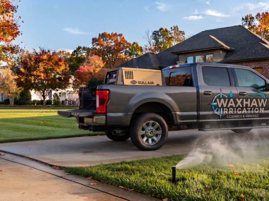 Technician performing professional sprinkler winterization using a commercial air compressor at a residential irrigation system in Waxhaw, North Carolina.